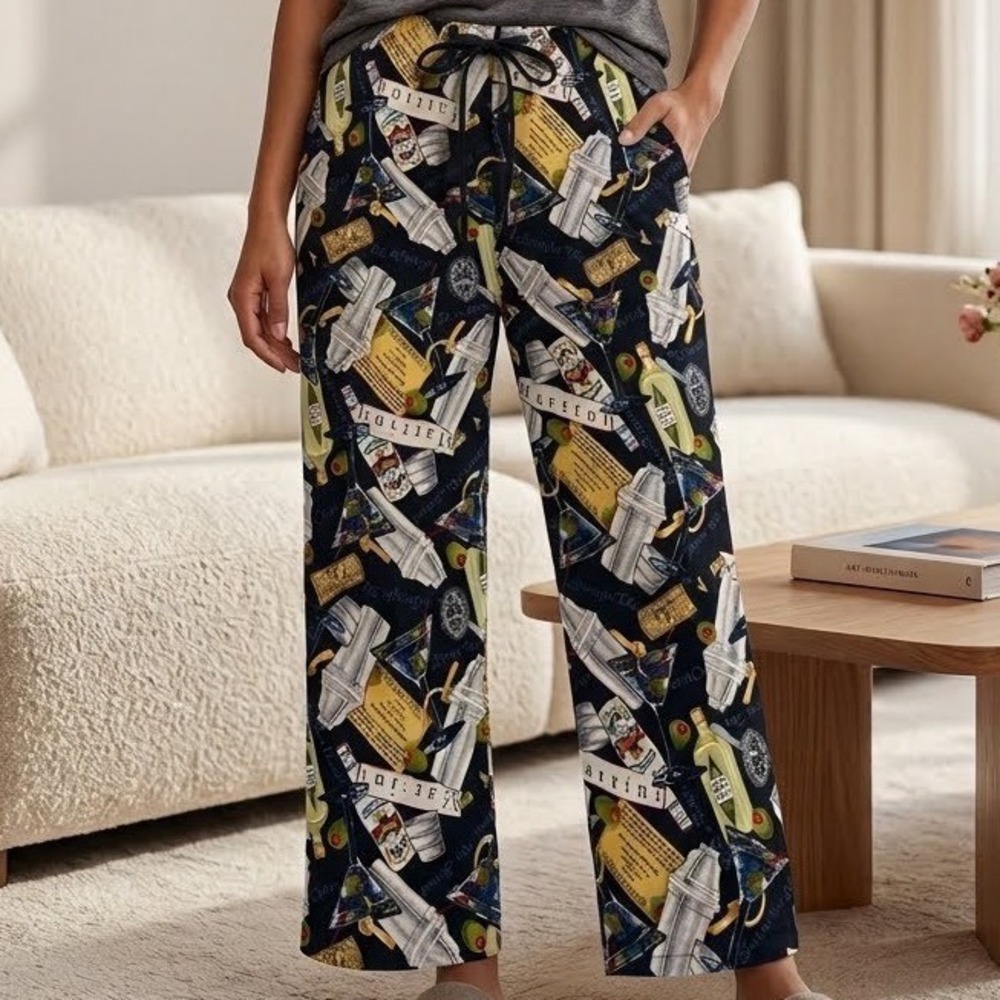 Martini Cocktail Print Pajama Pants Wide Leg Lounge Drawstring Pockets